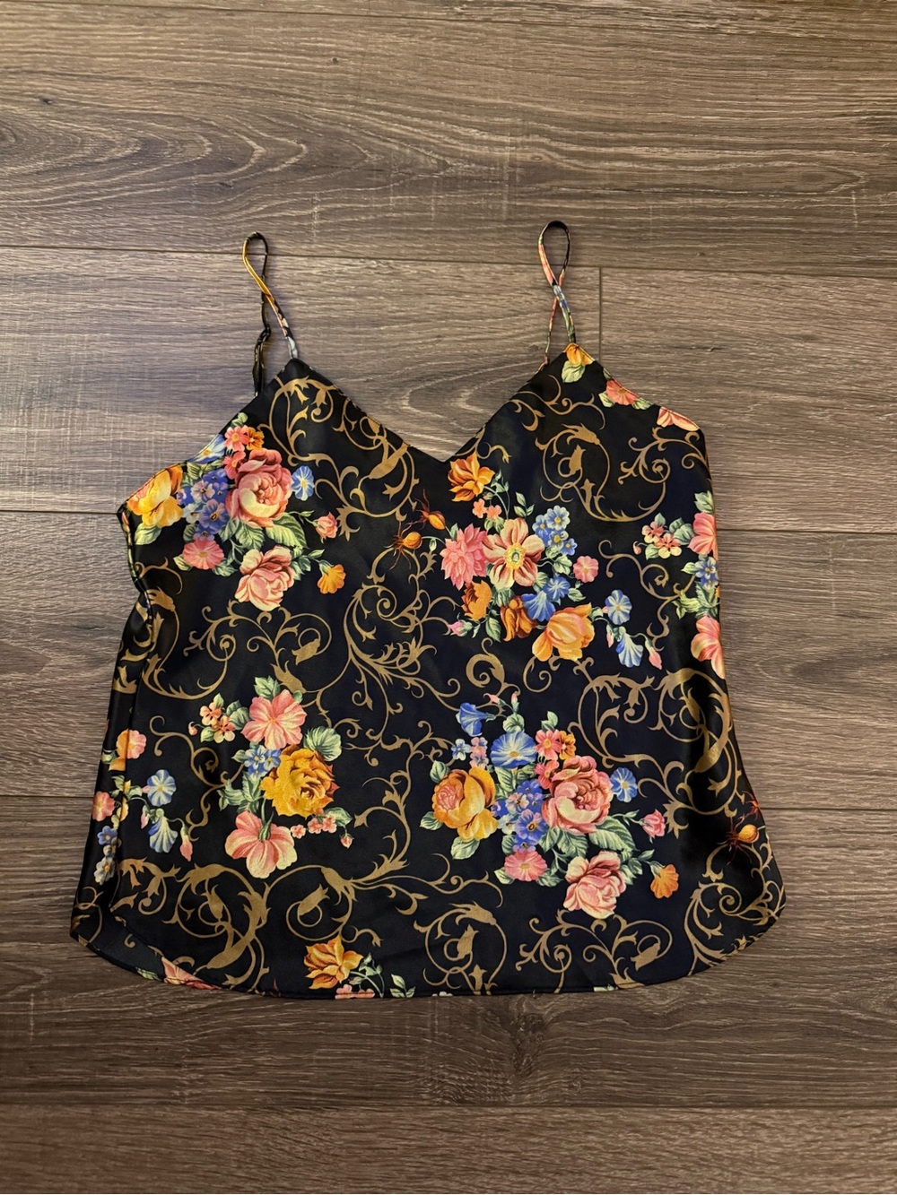 Floral Satin Cami Tank Top - Black with Multicolor Floral Print